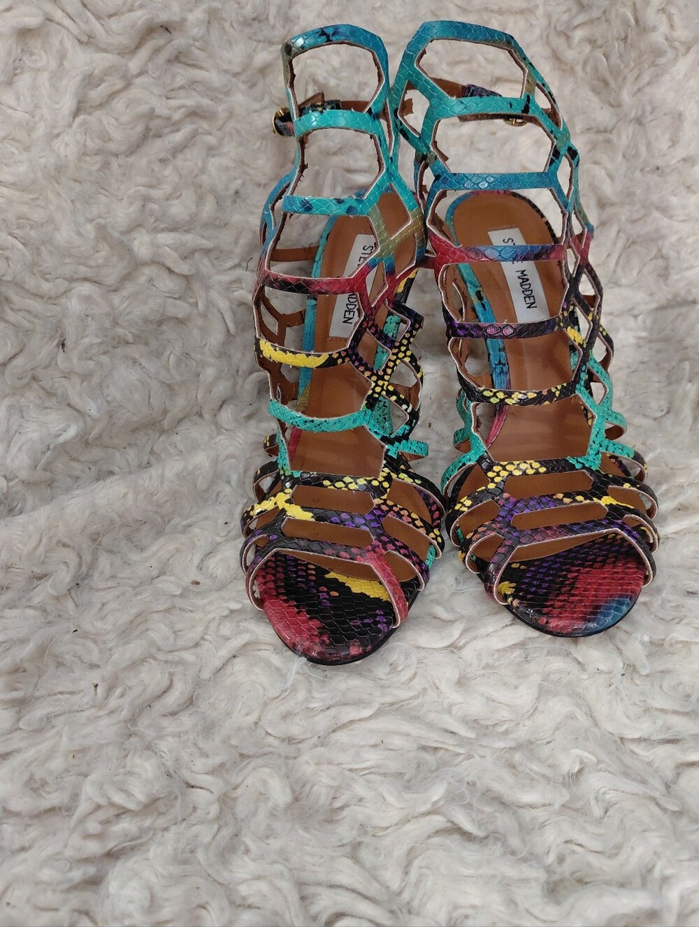 Steve Madden Turquoise Purple Yellow Pink Snake-Print Cage Heels